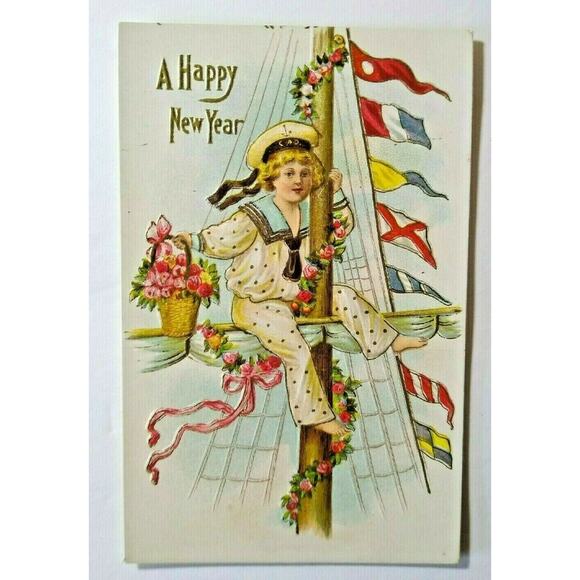 New Years Postcard Navy Sailor Boy CAD Hat Cap Embossed Flags Antique Unused - Picture 2 of 4